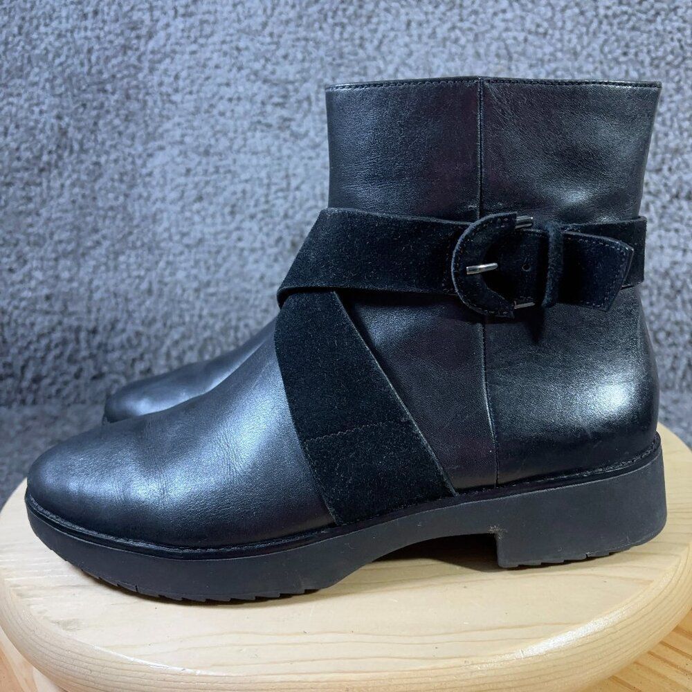 FitFlop Boots Mona Womens Size 8 Black Leather Suede Zip Up Buckle Ankle Booties